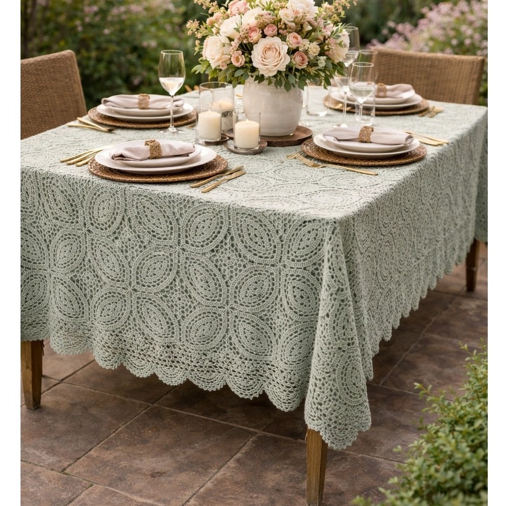 Sage Green 100% Cotton Crochet Knit Medallion Tablecloth Scalloped Edge 65 x 110